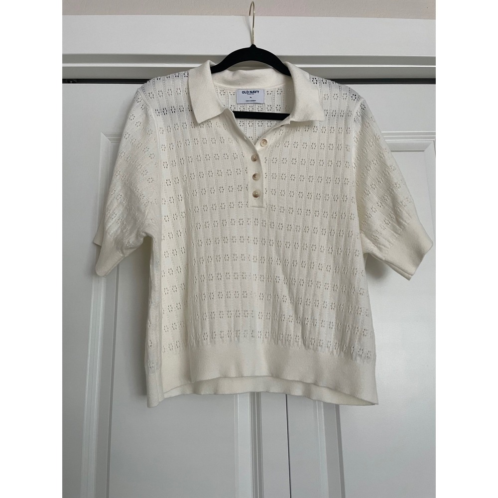 Old Navy Polo Top White Pointelle Knit Short Sleeve SoSoft Lite Button Up XL